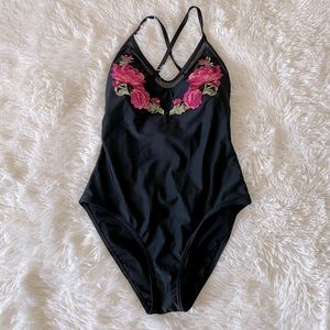 Women’s Black Floral One Piece Swimsuit, M